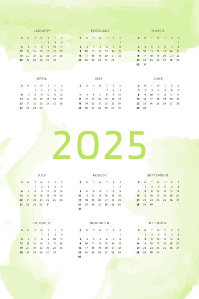 2025日历模板黄绿色背景与手绘水彩笔触。垂直日历设计打印和数字。一周从周日开始图片 2025日历模板黄绿色背景与手绘水彩笔触。垂直日历设计打印和数字。一周从周日开始图片下载