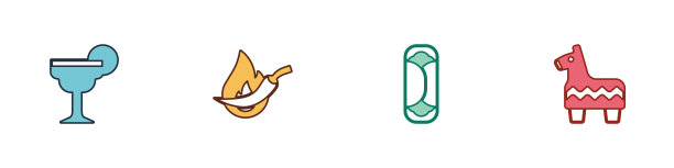 设置玛格丽塔鸡尾酒,辣椒荚,玉米煎饼和皮纳塔图标。向量图片 设置玛格丽塔鸡尾酒,辣椒荚,玉米煎饼和皮纳塔图标。向量图片下载