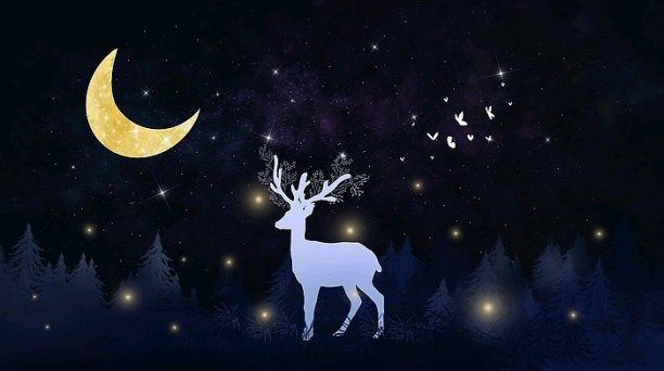星空森林夜晚月亮麋鹿图片 星空森林夜晚月亮麋鹿图片下载