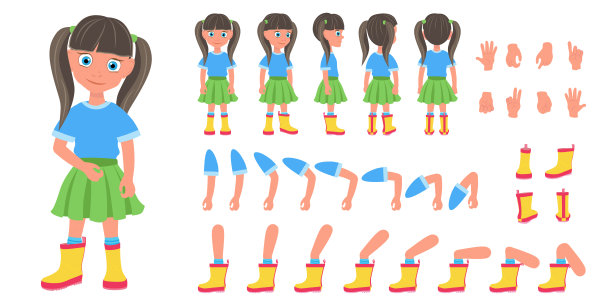 平面矢量插图的小女孩卡通人物设定的动画图片 平面矢量插图的小女孩卡通人物设定的动画图片下载