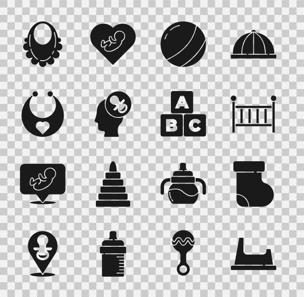 设置婴儿便盆,袜子,衣服,摇篮,沙滩球,奶嘴,围嘴,和ABC块图标。向量图片 设置婴儿便盆,袜子,衣服,摇篮,沙滩球,奶嘴,围嘴,和ABC块图标。向量图片下载