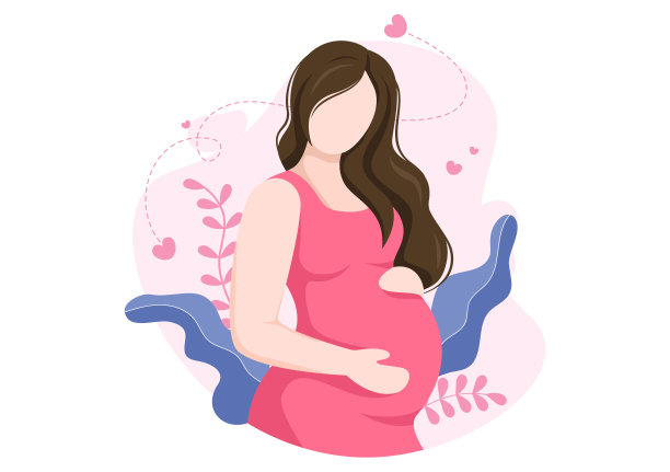 孕妇抱着她的肚子或母亲等待婴儿在平面卡通设计风格背景叶矢量插图图片 孕妇抱着她的肚子或母亲等待婴儿在平面卡通设计风格背景叶矢量插图图片下载