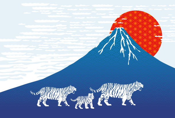 2022年虎年贺卡——日本图案虎和富士山。作品中的人物是日本人,带着一只老虎,意思是新年快乐。图片 2022年虎年贺卡——日本图案虎和富士山。作品中的人物是日本人,带着一只老虎,意思是新年快乐。图片下载