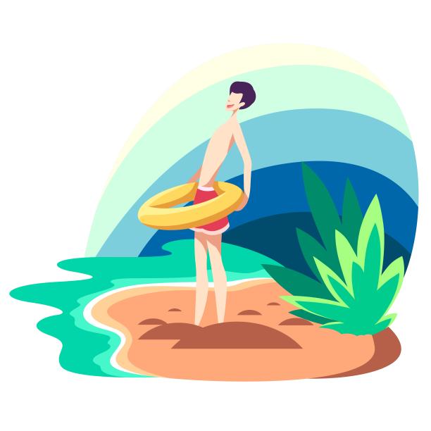 沙滩边准备游泳的男孩插画元素图片 沙滩边准备游泳的男孩插画元素图片下载