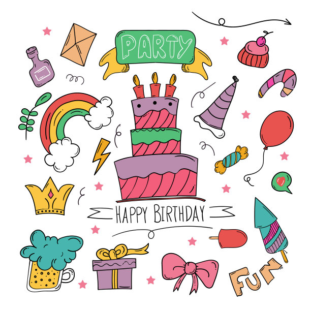 一套生日快乐的手绘涂鸦背景色彩缤纷图片 一套生日快乐的手绘涂鸦背景色彩缤纷图片下载