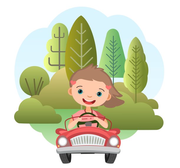 孩子们乘坐小汽车旅行。小女孩开脚踏或电动玩具汽车。卡通插图。孤立。夏天农村景观。向量图片 孩子们乘坐小汽车旅行。小女孩开脚踏或电动玩具汽车。卡通插图。孤立。夏天农村景观。向量图片下载