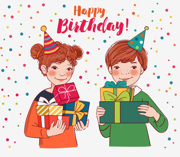 带着礼物微笑的孩子。生日快乐矢量插图。可爱的男孩和女孩图片 带着礼物微笑的孩子。生日快乐矢量插图。可爱的男孩和女孩图片下载