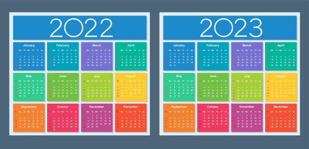 2022年和2023年的多彩日历。星期从星期天开始。图片 2022年和2023年的多彩日历。星期从星期天开始。图片下载