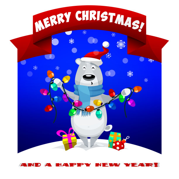 圣诞快乐!新年快乐!北极熊戴着一顶帽子,圣诞老人的灯笼在一个卡通风格的彩色背景与雪花。图片 圣诞快乐!新年快乐!北极熊戴着一顶帽子,圣诞老人的灯笼在一个卡通风格的彩色背景与雪花。图片下载