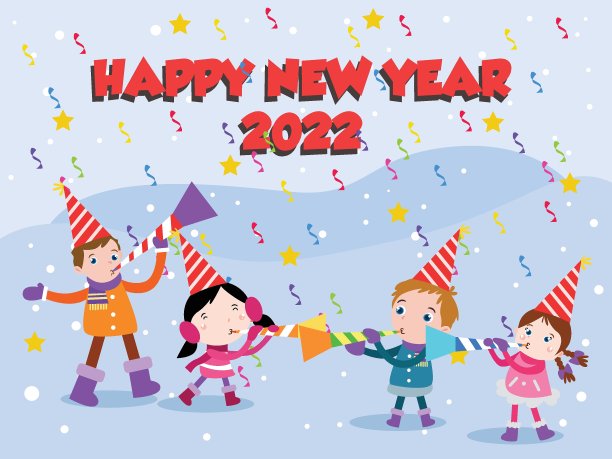 孩子们一边吹小号,一边庆祝2022年的新年图片 孩子们一边吹小号,一边庆祝2022年的新年图片下载