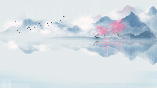 中国风山水墨画山水与鹿节气插画背景图片 中国风山水墨画山水与鹿节气插画背景图片下载