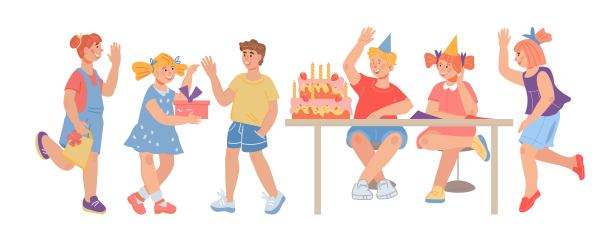 孩子们的后院生日派对。一群欢快的孩子庆祝生日,图片 孩子们的后院生日派对。一群欢快的孩子庆祝生日,图片下载