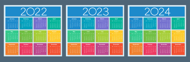 2022年、2023年和2024年的彩色日历。一周从星期天开始。孤立的矢量图。图片 2022年、2023年和2024年的彩色日历。一周从星期天开始。孤立的矢量图。图片下载
