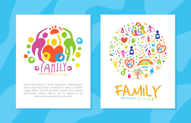 明亮的家庭卡片封面与抽象的父母和孩子的心和家庭元素手绘矢量模板图片 明亮的家庭卡片封面与抽象的父母和孩子的心和家庭元素手绘矢量模板图片下载