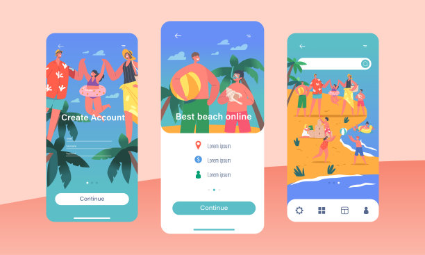 Happy Family on Beach Mobile App Page板载屏幕模板。母亲,父亲,女儿和儿子在海边的性格图片 Happy Family on Beach Mobile App Page板载屏幕模板。母亲,父亲,女儿和儿子在海边的性格图片下载