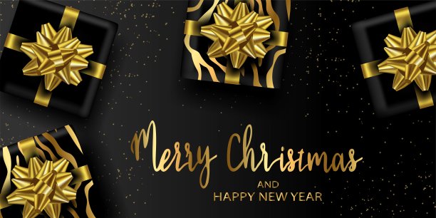 向量。圣诞快乐,新年快乐横旗。文字是金色的。现实的3d黑色礼品盒与黄金弓。虎纹是2022年的象征。从以上观点。打开礼品盒图片 向量。圣诞快乐,新年快乐横旗。文字是金色的。现实的3d黑色礼品盒与黄金弓。虎纹是2022年的象征。从以上观点。打开礼品盒图片下载