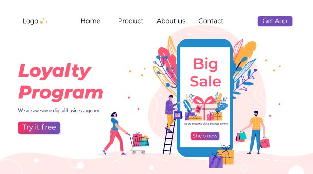 忠诚计划登陆页面模板。推广网上商店的奖金或奖励。现代平面矢量插图广告。季节性折扣网站销售横幅与人图片 忠诚计划登陆页面模板。推广网上商店的奖金或奖励。现代平面矢量插图广告。季节性折扣网站销售横幅与人图片下载