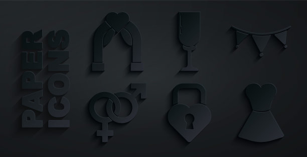 设置城堡的形状的心,嘉年华花环与旗帜,性别,妇女服装,玻璃香槟和婚礼拱门图标。向量图片 设置城堡的形状的心,嘉年华花环与旗帜,性别,妇女服装,玻璃香槟和婚礼拱门图标。向量图片下载