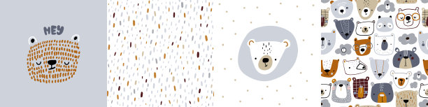 一套2个可爱的熊脸海报和2个无缝图案。创造性的背景。矢量图图片 一套2个可爱的熊脸海报和2个无缝图案。创造性的背景。矢量图图片下载