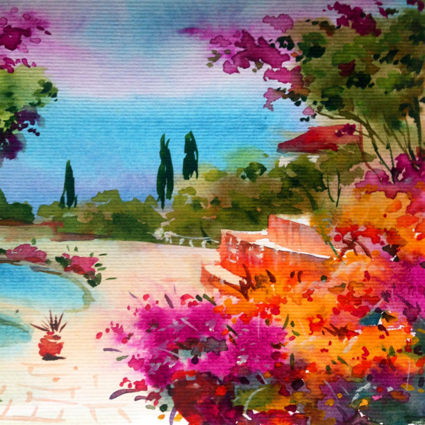 水彩彩色明亮纹理抽象背景手工制作。地中海风景。花园。海岸建筑和植被绘画图片 水彩彩色明亮纹理抽象背景手工制作。地中海风景。花园。海岸建筑和植被绘画图片下载