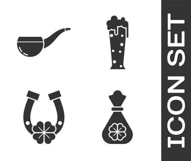 设置金钱袋四叶三叶草,烟斗,马蹄铁四叶三叶草和玻璃啤酒图标。向量图片 设置金钱袋四叶三叶草,烟斗,马蹄铁四叶三叶草和玻璃啤酒图标。向量图片下载