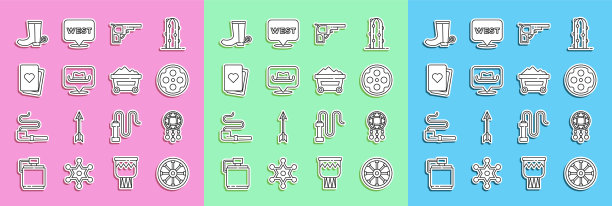 旧木轮,羽毛捕梦网,左轮汽缸,枪,位置牛仔,扑克牌,牛仔靴和煤矿手推车图标。向量图片 旧木轮,羽毛捕梦网,左轮汽缸,枪,位置牛仔,扑克牌,牛仔靴和煤矿手推车图标。向量图片下载