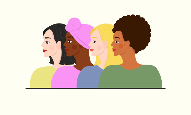 侧面画了四个女人。不同的国籍。妇女节。矢量图图片 侧面画了四个女人。不同的国籍。妇女节。矢量图图片下载