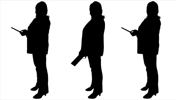 一个女人手里拿着一份文件,一个平板电脑,一个小设备。侧视图。穿着西装拿着文件的女商人。动画的故事板。三个黑色剪影孤立在白色背景上。图片 一个女人手里拿着一份文件,一个平板电脑,一个小设备。侧视图。穿着西装拿着文件的女商人。动画的故事板。三个黑色剪影孤立在白色背景上。图片下载