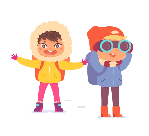 孩子们在冬天背着背包旅行,用望远镜好奇地观察图片 孩子们在冬天背着背包旅行,用望远镜好奇地观察图片下载