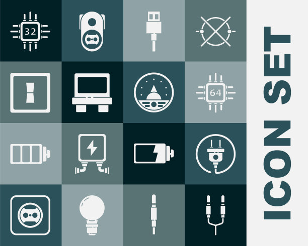 设置音频插孔,电插头,带微电路的处理器CPU, USB电源线,保险丝,电灯开关,安培表,万用表,电压表图标。向量图片 设置音频插孔,电插头,带微电路的处理器CPU, USB电源线,保险丝,电灯开关,安培表,万用表,电压表图标。向量图片下载