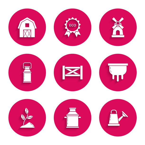 设置花园栅栏木,罐容器牛奶,浇水罐,乳房,发芽,风车和农场房子概念图标。向量图片 设置花园栅栏木,罐容器牛奶,浇水罐,乳房,发芽,风车和农场房子概念图标。向量图片下载