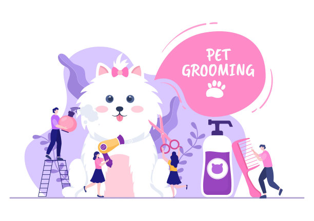 宠物美容的狗和猫在平面卡通手绘背景插图。用于美容院海报或横幅的主要工具图片 宠物美容的狗和猫在平面卡通手绘背景插图。用于美容院海报或横幅的主要工具图片下载