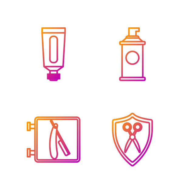 设有剪子、护罩、剃须刀、乳霜、化妆品管、剃须啫喱泡沫。渐变颜色图标。向量图片 设有剪子、护罩、剃须刀、乳霜、化妆品管、剃须啫喱泡沫。渐变颜色图标。向量图片下载