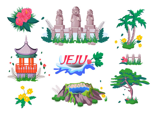 欢迎来到这个岛。韩国旅游海报设计。韩国的风景和传统。火山、石像、棕榈树和鲜花。热带矢量图图片 欢迎来到这个岛。韩国旅游海报设计。韩国的风景和传统。火山、石像、棕榈树和鲜花。热带矢量图图片下载