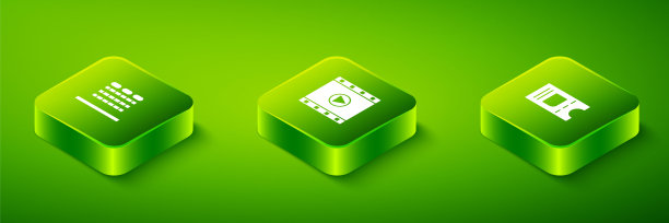 设置等距播放视频,电影票和礼堂与座位图标。向量图片 设置等距播放视频,电影票和礼堂与座位图标。向量图片下载