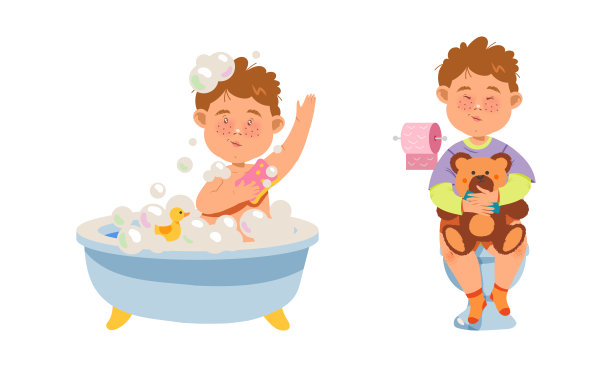 男孩们在洗澡,坐在马桶上。孩子每日例行的卡通矢量插图图片 男孩们在洗澡,坐在马桶上。孩子每日例行的卡通矢量插图图片下载