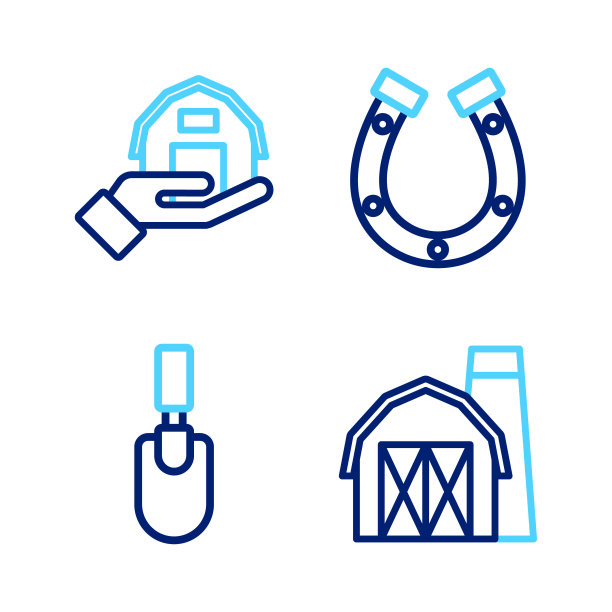 设置线农场房子,花园泥铲铲或铁锹,马蹄铁和在手中的图标。向量图片 设置线农场房子,花园泥铲铲或铁锹,马蹄铁和在手中的图标。向量图片下载