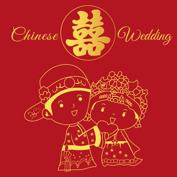 传统的中国婚礼插图金线艺术在红色背景。意思是双喜临门图片 传统的中国婚礼插图金线艺术在红色背景。意思是双喜临门图片下载