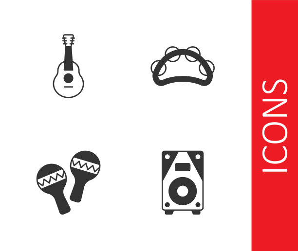 设置立体声扬声器,吉他,沙球和铃鼓图标。向量图片 设置立体声扬声器,吉他,沙球和铃鼓图标。向量图片下载