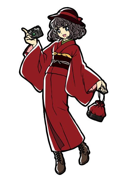 动漫风格的全身插图和服女孩与相机图片 动漫风格的全身插图和服女孩与相机图片下载