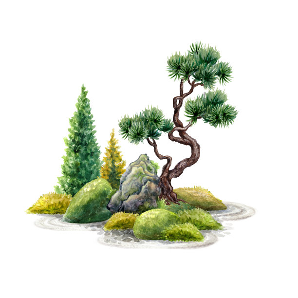 精神自然景观的水彩插图。绿树、盆景和长满青苔的石头。禅花园装饰,绿色剪辑艺术,孤立在白色背景图片 精神自然景观的水彩插图。绿树、盆景和长满青苔的石头。禅花园装饰,绿色剪辑艺术,孤立在白色背景图片下载
