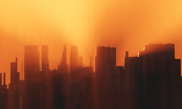 未来现代城市剪影在清晨橙黄色日出雾。城市天际线背景,3D插图图片 未来现代城市剪影在清晨橙黄色日出雾。城市天际线背景,3D插图图片下载