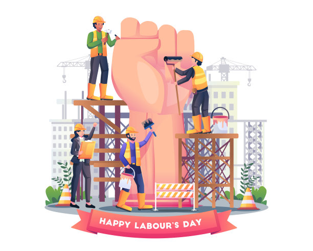 为庆祝5月1日的劳动节,建筑工人正在建造一个巨大的拳头臂。平面样式矢量插图图片 为庆祝5月1日的劳动节,建筑工人正在建造一个巨大的拳头臂。平面样式矢量插图图片下载