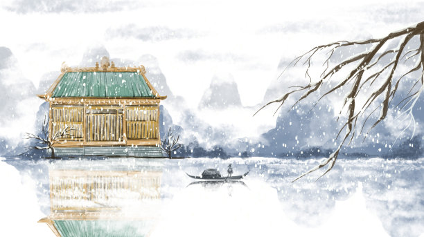 手绘古风冬天雪景寺插画图片 手绘古风冬天雪景寺插画图片下载