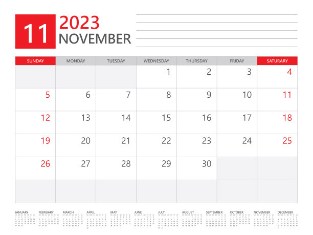 2023年11月,日历计划2023年和12个月,周日开始。2023台历设计,简洁干净的设计,挂历,企业设计规划师模板矢量图片 2023年11月,日历计划2023年和12个月,周日开始。2023台历设计,简洁干净的设计,挂历,企业设计规划师模板矢量图片下载