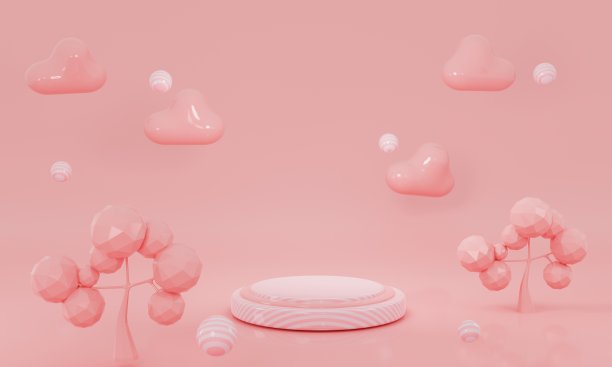 3D卡通幻想粉色景观。抽象的背景与树木和一个空的平台。3 d渲染图图片 3D卡通幻想粉色景观。抽象的背景与树木和一个空的平台。3 d渲染图图片下载