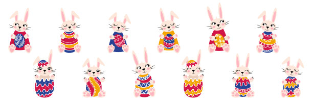 一套可爱的卡通兔子与五彩缤纷的复活节彩蛋。明亮的绘画与铅笔纹理的传统贺卡和海报。为儿童房的设计收集兔子图片 一套可爱的卡通兔子与五彩缤纷的复活节彩蛋。明亮的绘画与铅笔纹理的传统贺卡和海报。为儿童房的设计收集兔子图片下载