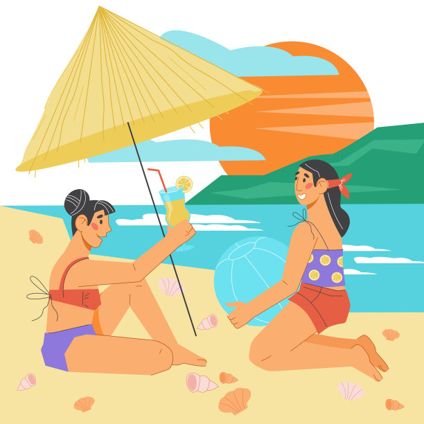 夏季海岸与妇女享受假期在海滩,平面矢量插图。图片 夏季海岸与妇女享受假期在海滩,平面矢量插图。图片下载