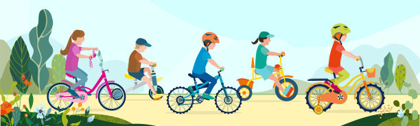 一组扁平的快乐的孩子骑自行车在公园的道路上有花和树叶。孩子们骑着五颜六色的自行车在夏日的自然景观中通过绿色小路进行户外运动。矢量插图。图片 一组扁平的快乐的孩子骑自行车在公园的道路上有花和树叶。孩子们骑着五颜六色的自行车在夏日的自然景观中通过绿色小路进行户外运动。矢量插图。图片下载