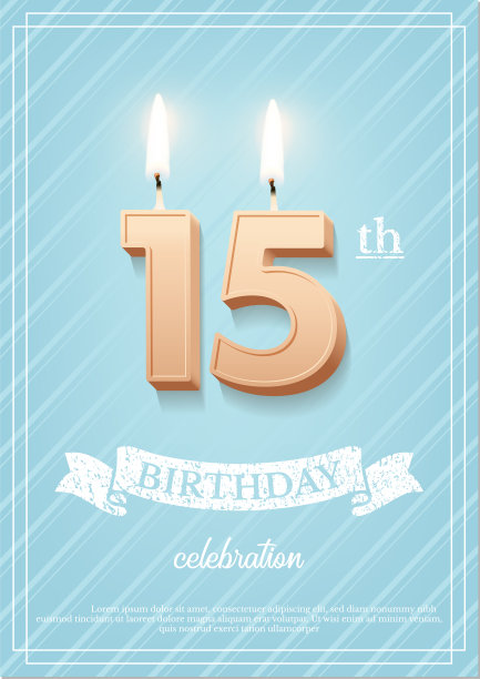 燃烧数字15生日蜡烛与复古丝带和生日庆祝文字上的纹理蓝色背景明信片格式。矢量垂直十五岁生日邀请模板。图片 燃烧数字15生日蜡烛与复古丝带和生日庆祝文字上的纹理蓝色背景明信片格式。矢量垂直十五岁生日邀请模板。图片下载